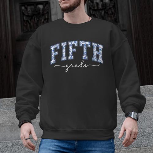 Fifth Grade Coquette Toile Blue Bow Floral Women Teacher Men Graphic Sweatshirt - teacherstshirts.com AU