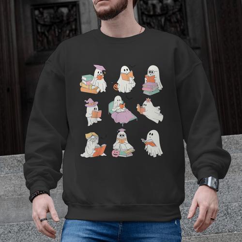 Ghost Book Reading Halloween Books Lover Teacher Kids Men Graphic Sweatshirt - teacherstshirts.com AU