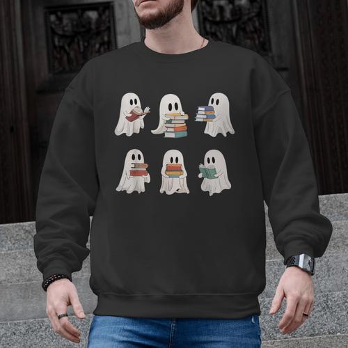Ghost Reading Books Teacher Halloween Librarian Cute Boook Men Graphic Sweatshirt - teacherstshirts.com