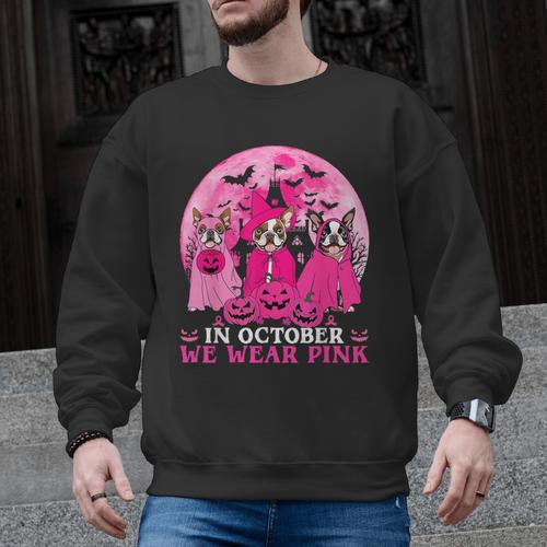 Ghost And Witch Boston Terrier Dog In October We Wear Pink Men Graphic Sweatshirt - Bostonterriersmerch.com