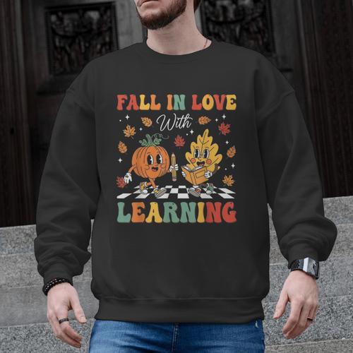 Groovy Fall In Love With Learning Autumn Pumpkin Teacher Men Graphic Sweatshirt - teacherstshirts.com