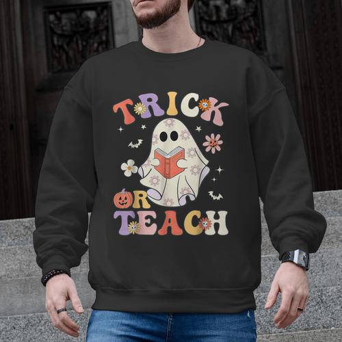Groovy Halloween Trick Or Teach Retro Floral Ghost Teacher Men Graphic Sweatshirt - teacherstshirts.com CA