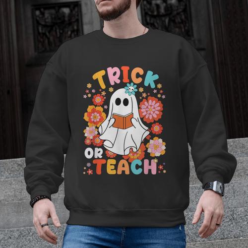 Groovy Halloween Trick Or Teach Retro Floral Ghost Teacher For Men Women Kids Men Graphic Sweatshirt - teacherstshirts.com