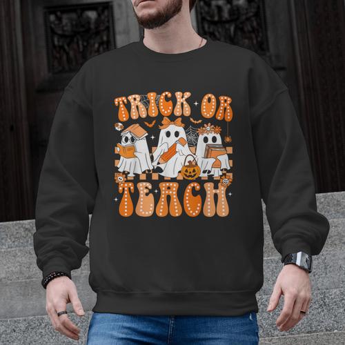 Groovy Teacher Halloween Trick Or Teach Ghost Men Women Kids Men Graphic Sweatshirt - teacherstshirts.com
