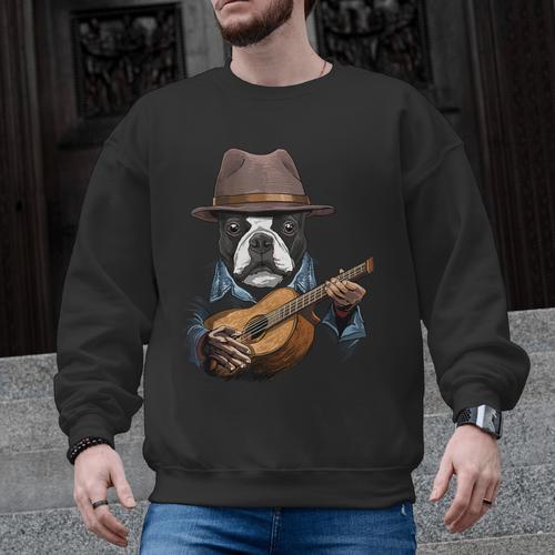 Guitar Shirt Boston Terrier Dog Playing Acoustic Guitar Men Graphic Sweatshirt - Bostonterriersmerch.com