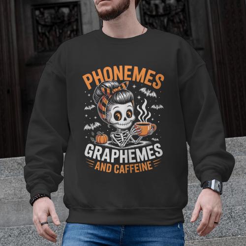 Halloween Skeleton Teacher Phonemes Graphemes Caffeine Lover Men Graphic Sweatshirt - teacherstshirts.com