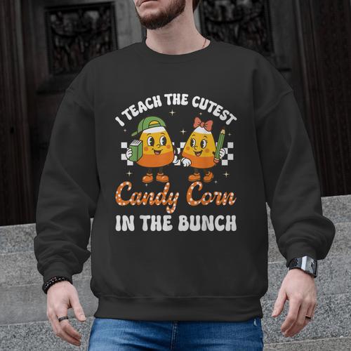 Halloween Teacher Cutest Candy Corn Groovy Spooky Teachers Men Graphic Sweatshirt - teacherstshirts.com DE