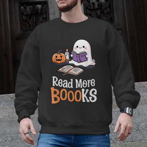 Halloween Teacher Women Cute Reading Ghost Read More Books Men Graphic Sweatshirt - teacherstshirts.com AU