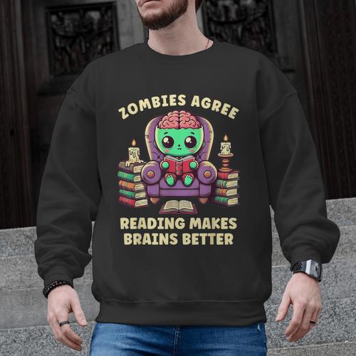 Halloween Teacher Zombie Reading Is Good For Brains Men Graphic Sweatshirt - teacherstshirts.com