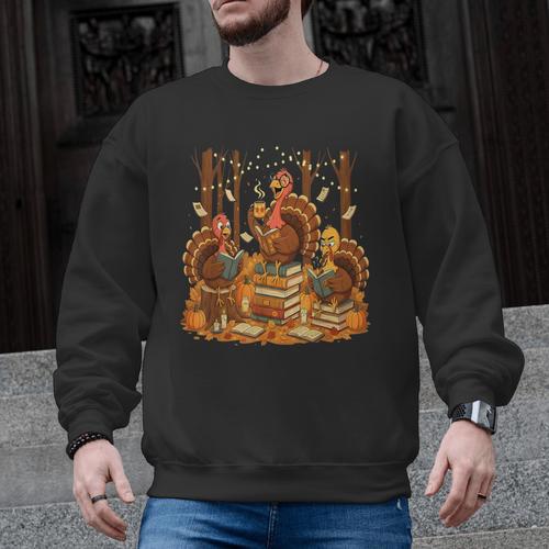 Librarian Turkey Reading Book Fall Thanksgiving Teacher Men Graphic Sweatshirt - teacherstshirts.com