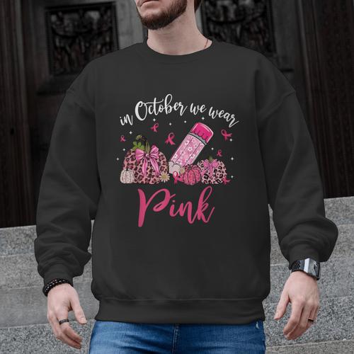 In October We Wear Pink Apple Teacher Daisy Breast Cancer Men Graphic Sweatshirt - teacherstshirts.com AU