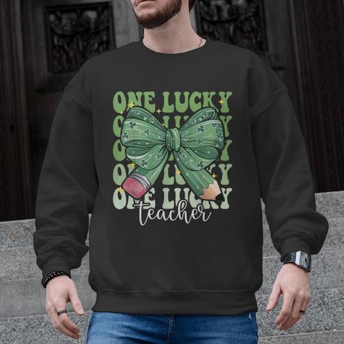 One Lucky Teacher Coquette Bow St Patricks Day Teacher Men Graphic Sweatshirt - teacherstshirts.com