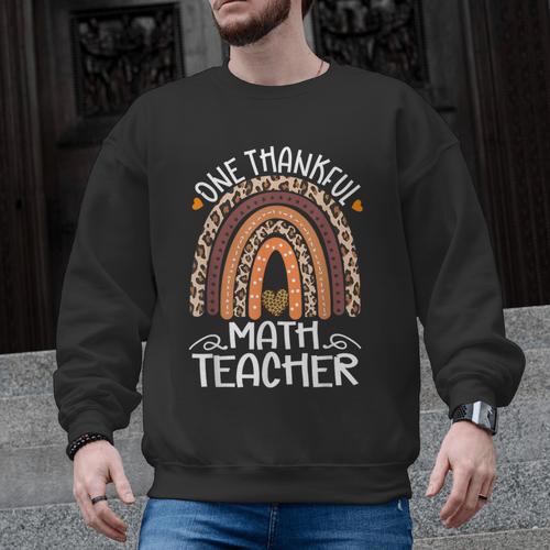 One Thankful Math Teacher Leopard Rainbow Thanksgiving Men Graphic Sweatshirt - teacherstshirts.com CA