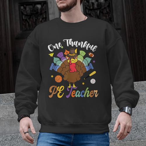 One Thankful PE Teacher Turkey Thanksgiving -Adults & Kids Classic Fit Polyester 100 Short Sleeve Men Graphic Sweatshirt - teacherstshirts.com UK