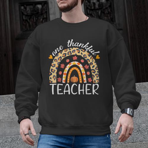 One Thankful Teacher Thanksgiving Rainbow Leopard Fall Men Graphic Sweatshirt - teacherstshirts.com AU