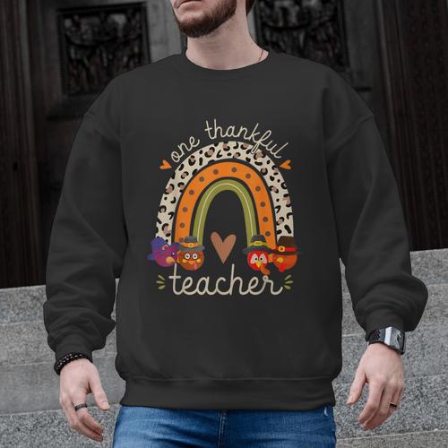 One Thankful Teacher Thanksgiving Turkey Rainbow Fall Men Graphic Sweatshirt - teacherstshirts.com AU