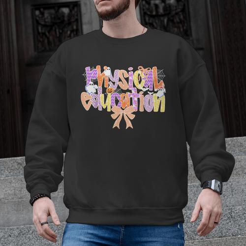 Physical Education Halloween Bow Checkered Teacher Ghost PE Men Graphic Sweatshirt - teacherstshirts.com