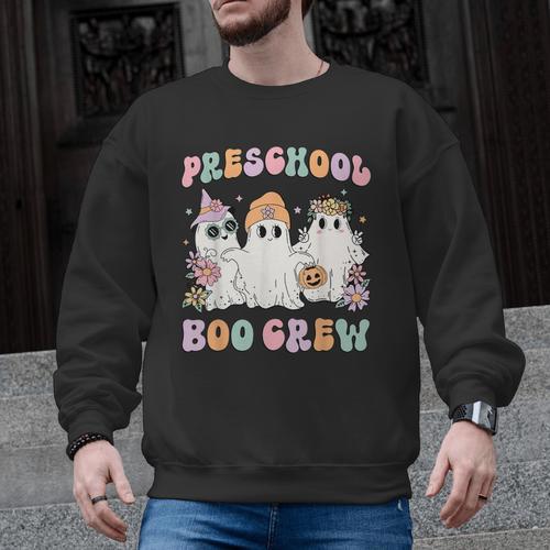 Preschool Boo Crew Groovy Halloween Floral Ghost Teacher Men Women Kids Men Graphic Sweatshirt - teacherstshirts.com