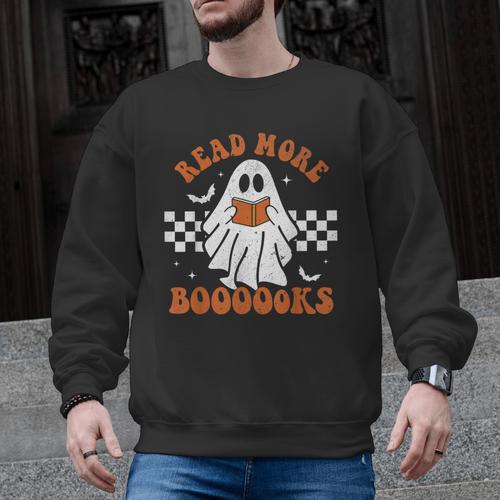 Read More Books Cute Ghost Reading Book Teacher Halloween Men Graphic Sweatshirt - teacherstshirts.com CA