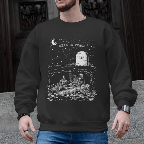 Read In Peace Skeleton Halloween Book Reading Spooky Teacher Men Graphic Sweatshirt - teacherstshirts.com