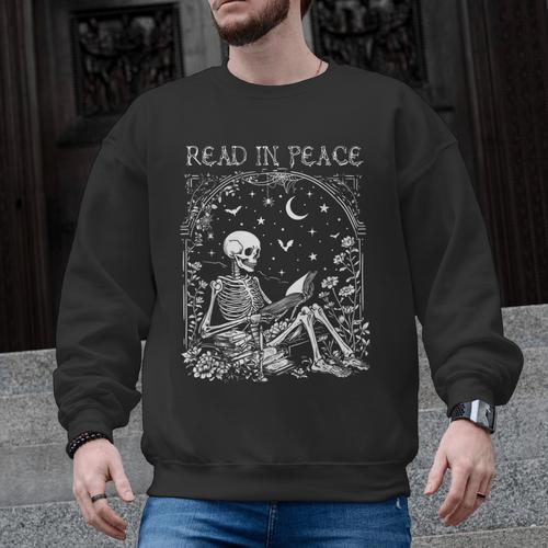 Read In Peace Skeleton Reading Teacher Spooky Halloween Men Graphic Sweatshirt - teacherstshirts.com CA