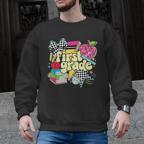 Retro First Grade Teacher Disco Ball Coquette Back To School Men Graphic Sweatshirt - teacherstshirts.com