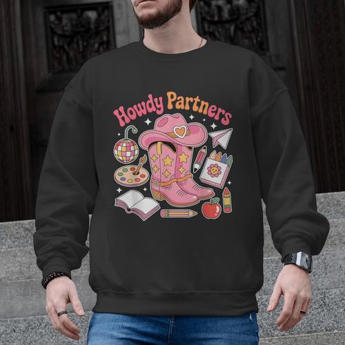 Retro Howdy Partners Cowgirl Cowboy Teacher Back To School Men Graphic Sweatshirt - teacherstshirts.com AU