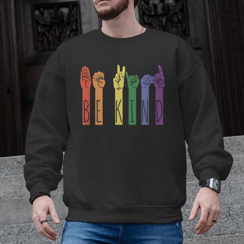 Retro Be Kind ASL Deaf Teacher Sign Language Gay Pride Men Graphic Sweatshirt - teacherstshirts.com AU