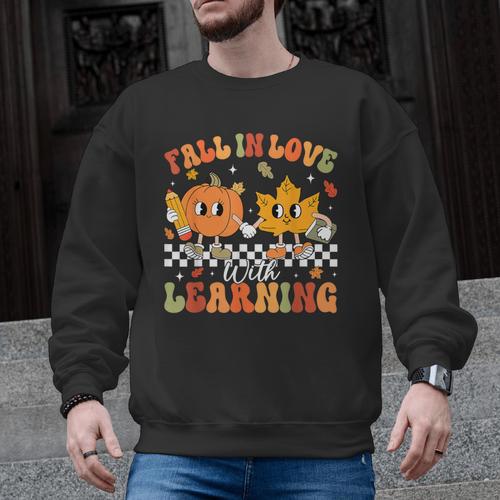 Retro Pumpkin Fall In Love With Learning Autumn Teacher Men Graphic Sweatshirt - teacherstshirts.com UK