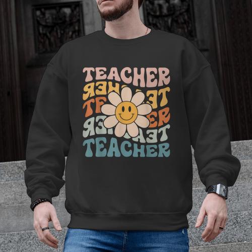 Retro Teacher Daisy Colorful Elementary School Teacher Men Graphic Sweatshirt - teacherstshirts.com