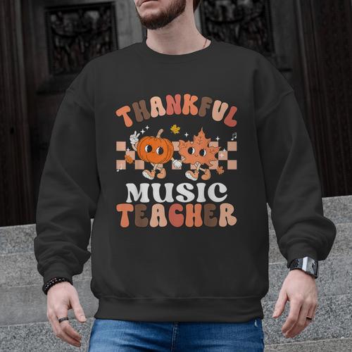 Retro Thankful Music Teacher Pumpkin Fall Thanksgiving Men Graphic Sweatshirt - teacherstshirts.com
