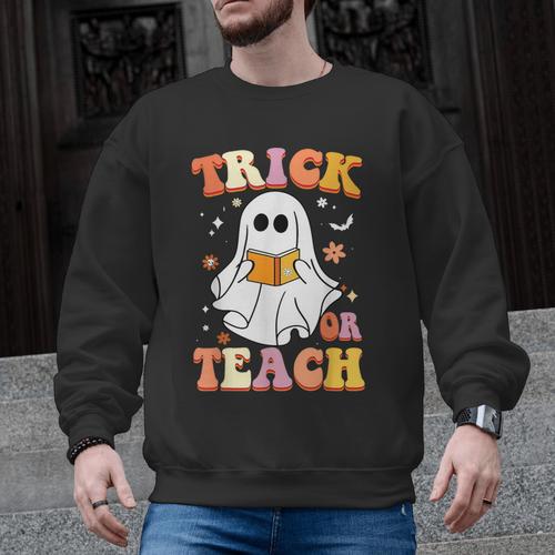 Retro Vintage Groovy Trick Or Teach Teacher Halloween For Men Women Kids Men Graphic Sweatshirt - teacherstshirts.com