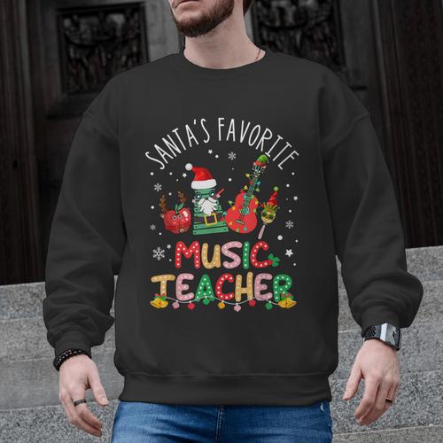Santa's Favorite Music Teacher Christmas Santa Hat Matching Men Graphic Sweatshirt - teacherstshirts.com UK