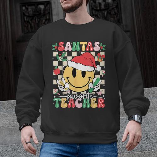 Santas Favorite Teacher Retro Groovy Smile Face Christmas Men Graphic Sweatshirt - teacherstshirts.com AU