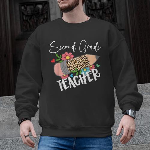 Second Grade Teacher Leopard Pencil 2nd Grade Women Teacher Men Graphic Sweatshirt - teacherstshirts.com AU
