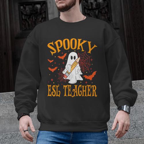Spooky ESL Teacher Ghost Halloween School Women Men Graphic Sweatshirt - teacherstshirts.com