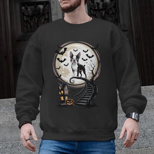 Spooky Halloween Moon Boston Terrier Boston Bull Bostie Men Graphic Sweatshirt - Bostonterriersmerch.com