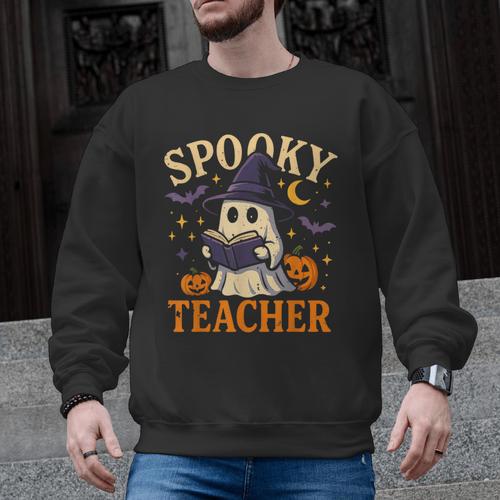 Spooky Teacher Halloween Cute Ghost Pumpkin Reading Women Men Graphic Sweatshirt - teacherstshirts.com