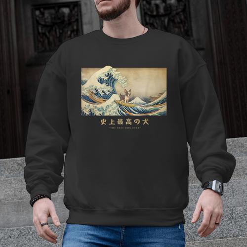 Surfing Boston Terrier Kanagawa Wave Japanese Dog For Men Women Kids Men Graphic Sweatshirt - Bostonterriersmerch.com DE