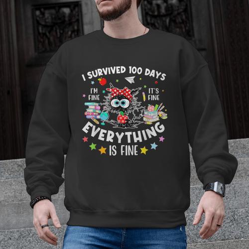 I Survived 100 Days Of School Teacher Kids Cat Lover Men Graphic Sweatshirt - teacherstshirts.com UK