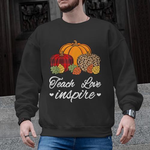Teach Love Inspire Autumn Fall Plaid Leopard Pumpkin Teacher For Men Women Kids Men Graphic Sweatshirt - teacherstshirts.com