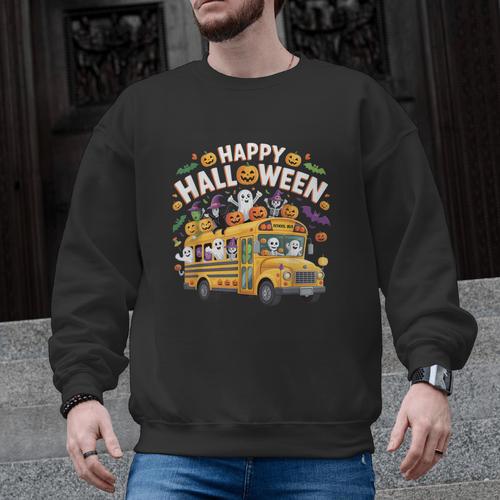 Teacher Halloween School Bus Driver Cute Ghost Witch Party Men Graphic Sweatshirt - teacherstshirts.com CA