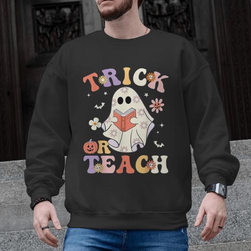 Teacher Halloween Trick Or Teach Floral Ghost Men Graphic Sweatshirt - teacherstshirts.com UK
