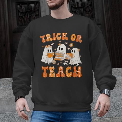 Teacher Halloween Trick Or Teach Retro Groovy Floral Ghost Men Graphic Sweatshirt - teacherstshirts.com