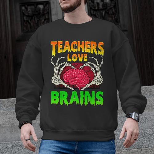 Teacher Teachers Love Brains Skeleton Hand Heart Halloween Men Graphic Sweatshirt - teacherstshirts.com AU