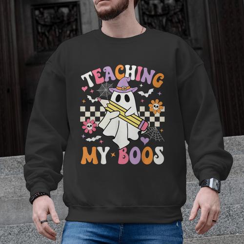 Teaching My Boos Ghost Teacher Cute Groovy Halloween Teacher Men Graphic Sweatshirt - teacherstshirts.com