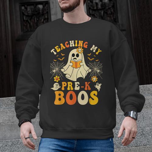 Teaching My Pre-K Boos Crew Teachers Halloween Ghost Men Graphic Sweatshirt - teacherstshirts.com DE