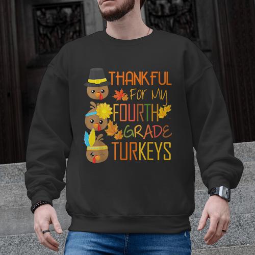 Thankful For My 4th Grade Turkey Thanksgiving Turkey Teacher Men Graphic Sweatshirt - teacherstshirts.com AU