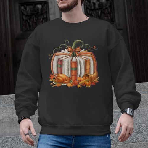 Thanksgiving Book Pumpkin Reading Teachers Fall Lovers Boys Men Graphic Sweatshirt - teacherstshirts.com