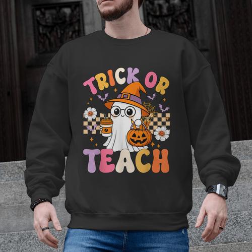 Trick Or Teach Cute Ghost Coffee Pumpkins Halloween Teacher Men Graphic Sweatshirt - teacherstshirts.com